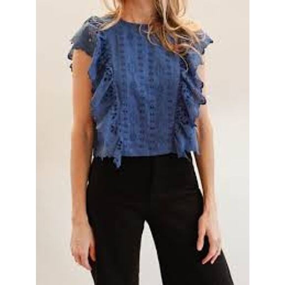 Sea New York Cropped Eyelet Ruffle Cotton Top Blouse Blue 4 - Picture 1 of 7